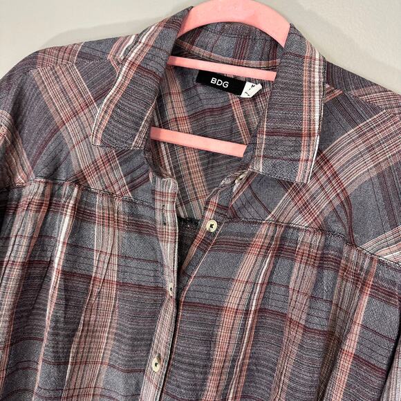 BDG Urban Outfitters Melanie Oversized Plaid Button Down Tie Front Top Sz M - Picture 3 of 11
